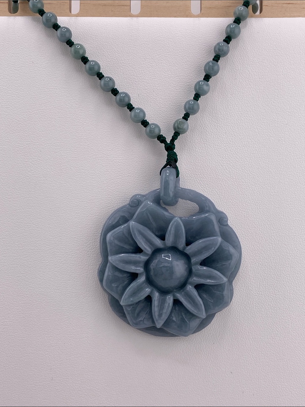 Blue Water Jade Lotus Necklace - Carved Jadeite Floral Pendant on Beaded Strand